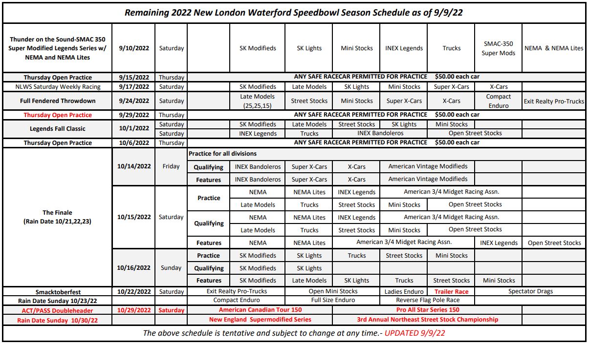 2022 NLWS Full Schedule 9/9/22 Update